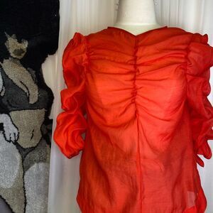 H&M Red Puff Sleeve Ruched Blouse